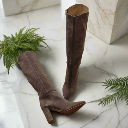 Petite knee high boots in beige suede set on a block heel