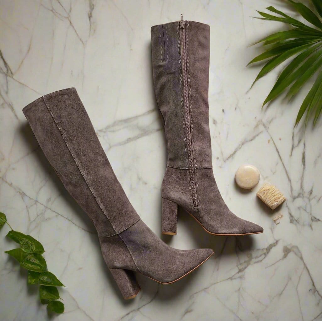 Beige suede petite knee high boots