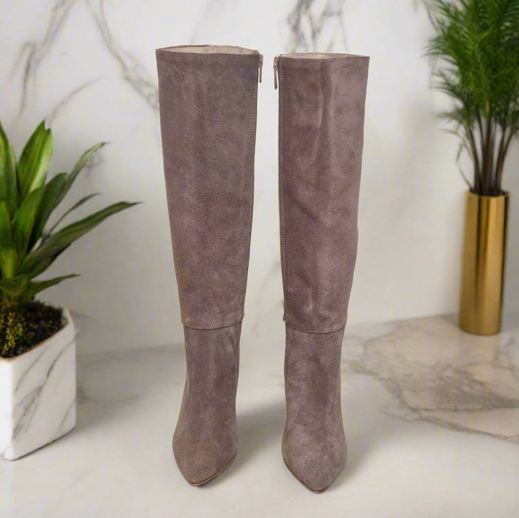 Petite size knee high boots in beige suede