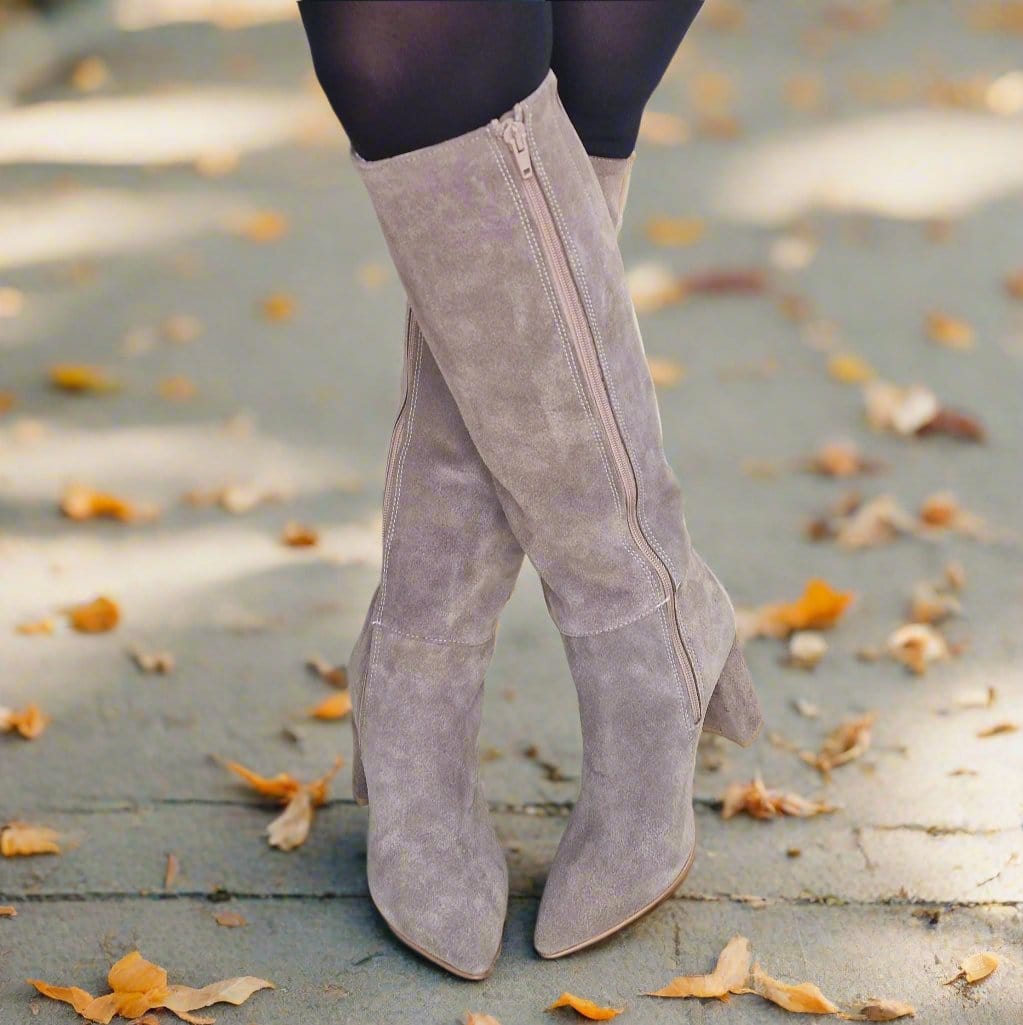 Petite knee high boots in beige suede