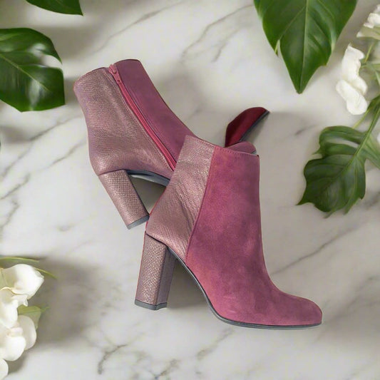 Burgundy suede petite ankle boots set on a block heel