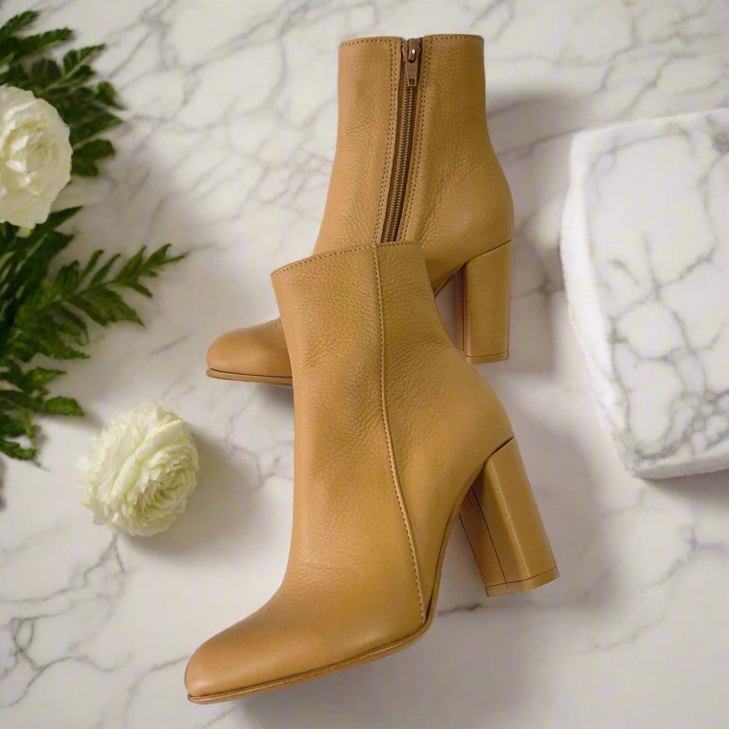 Petite size ankle boots in tan leather set on a high block heel