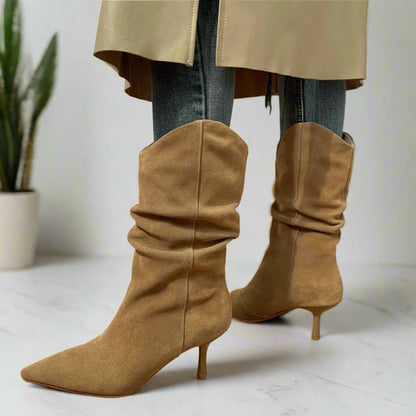 Beige suede pointe toe calf boots