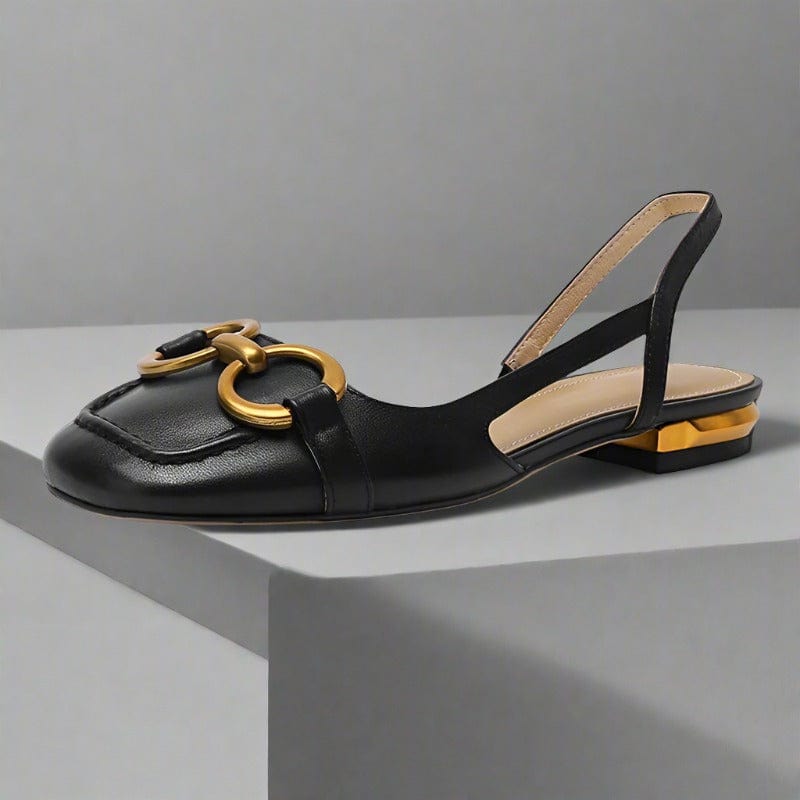 Black leather slingback sandals with gold buckle detail