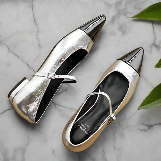 Silver leather pointed toe Mary Jane style shoes