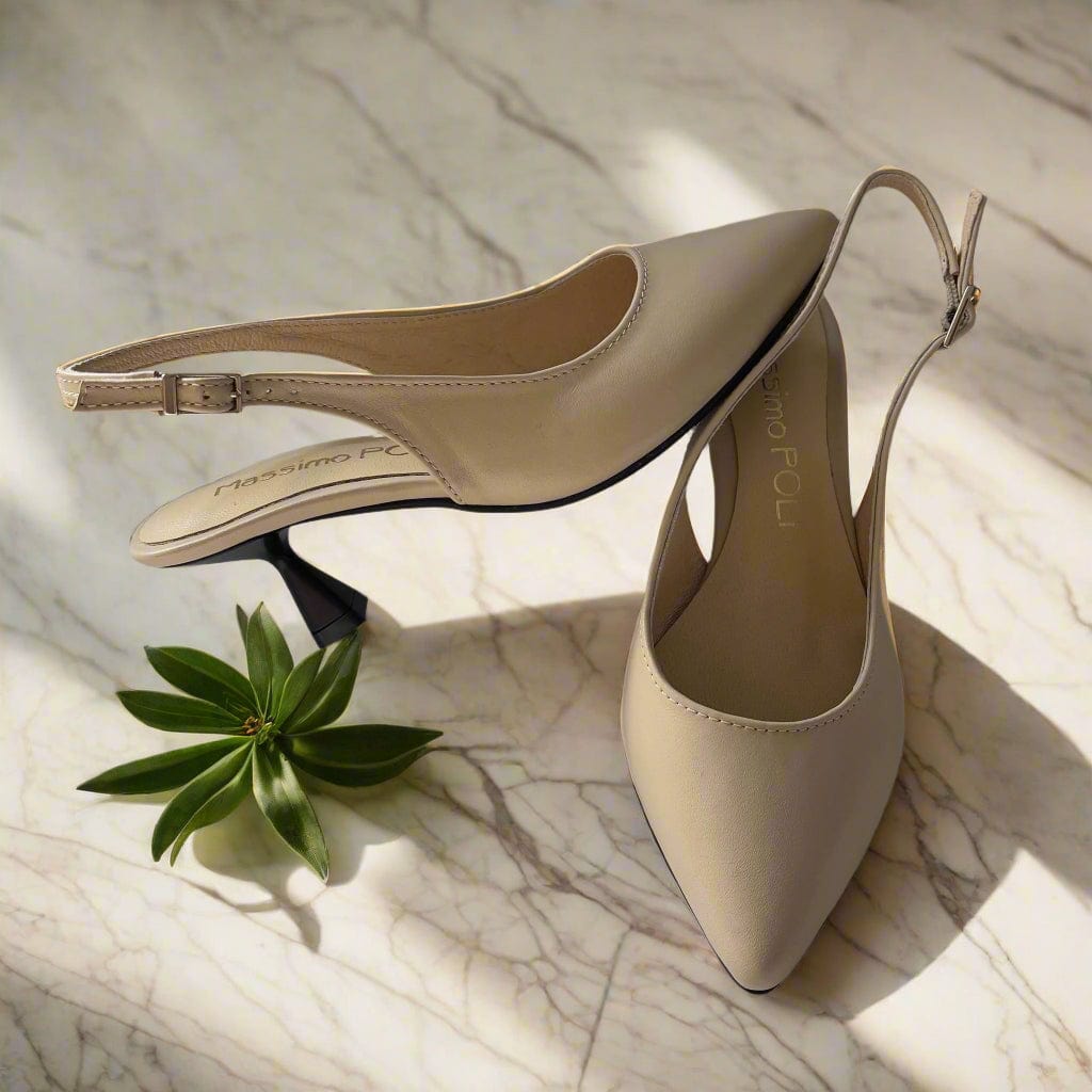 Pointed toe petite slingback heels in nude leather