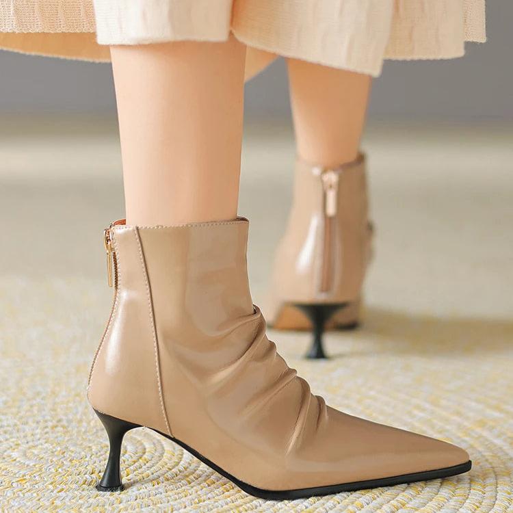 Pointed toe petite ankle boots in beige patent leather