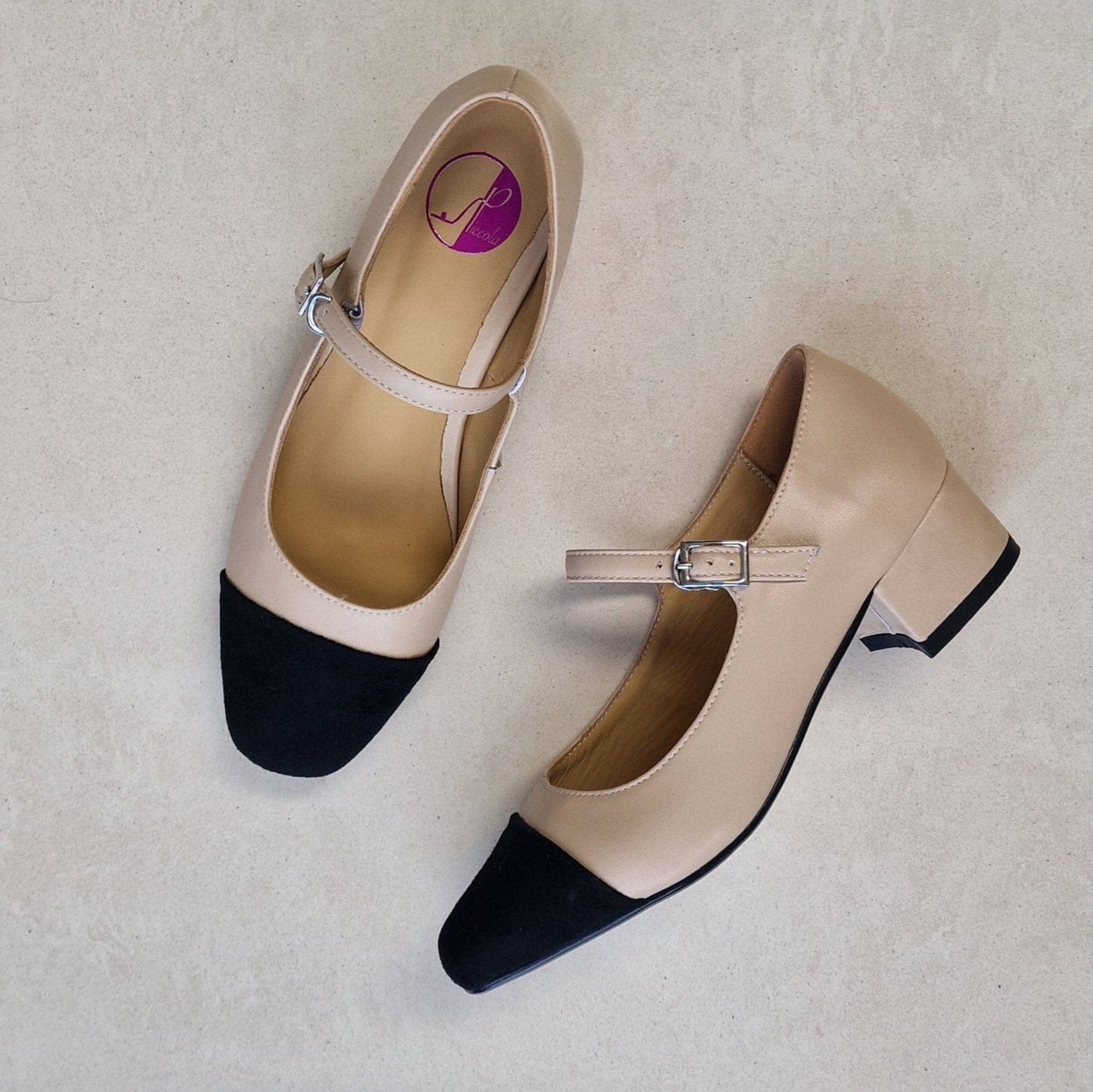 Petite mary jane style shoes in beige and black leather