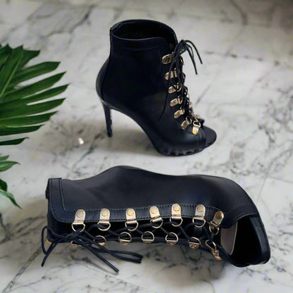 Petite open toe lace up ankle boots in black leather