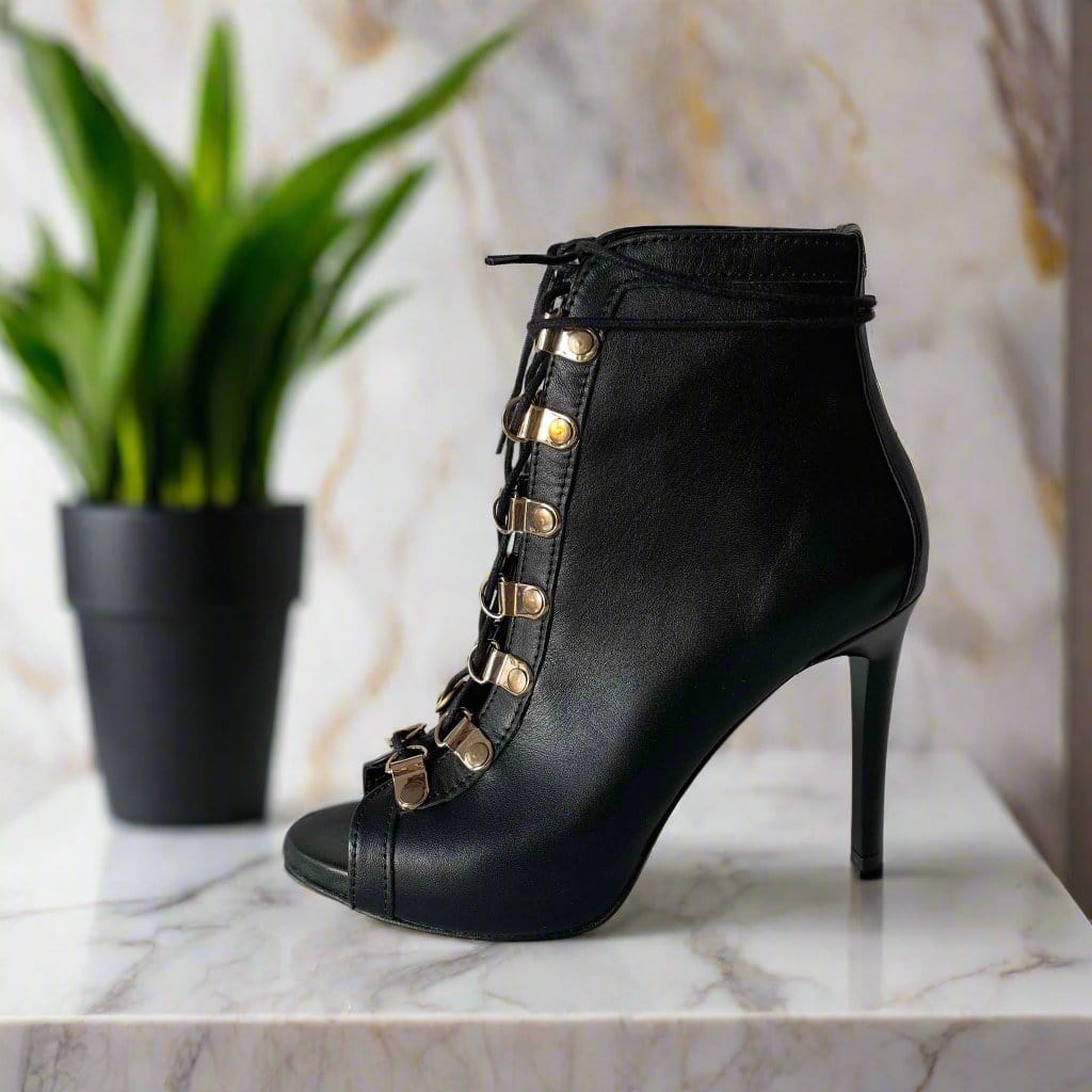 Petite black leather boots with open toe and lace front fastening