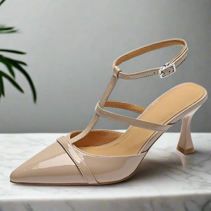 Beige patent leather kitten heel slingback shoes