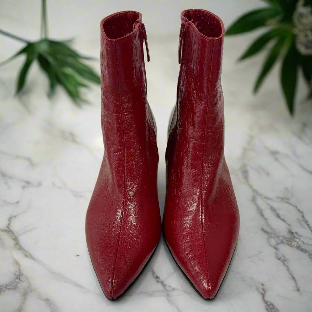 Pointed toe red ankle boots