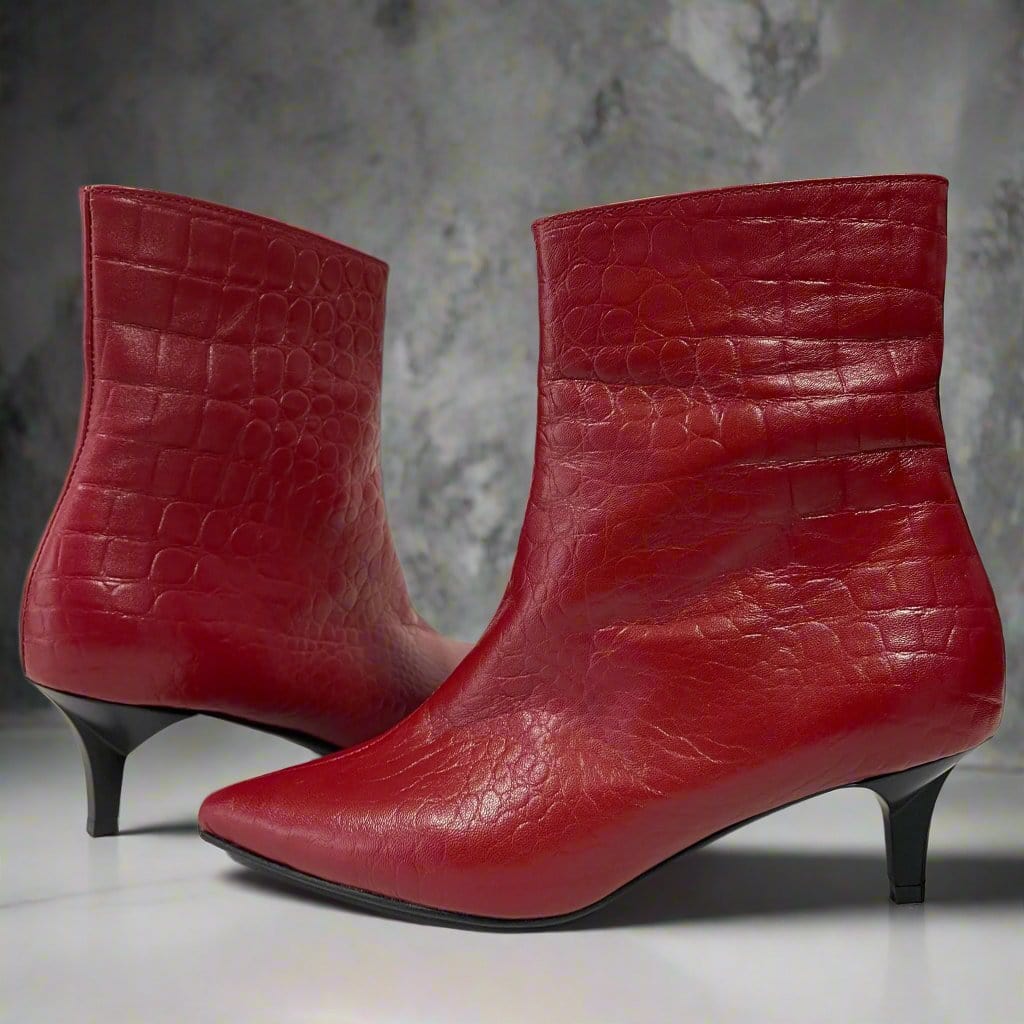 Petite kitten heel ankle boots in red embossed leather