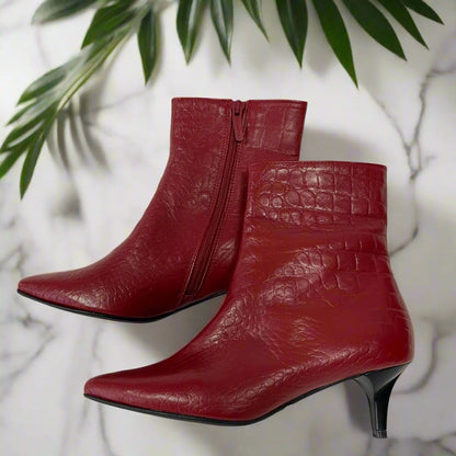 Kitten heel ankle boots in red embossed leather