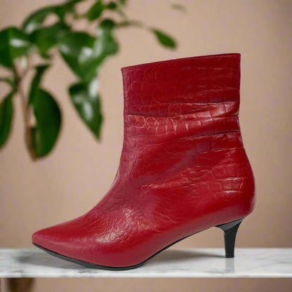 Pointed toe kitten heel ankle boots in red embossed leather