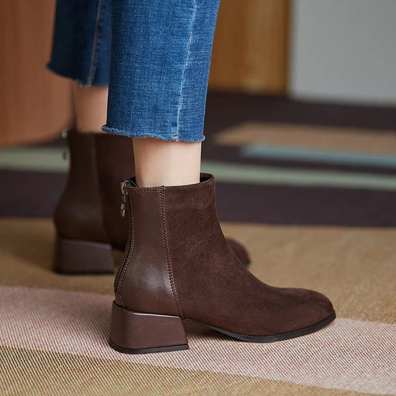 Petite brown leather and suede ankle boots with a zip at the back