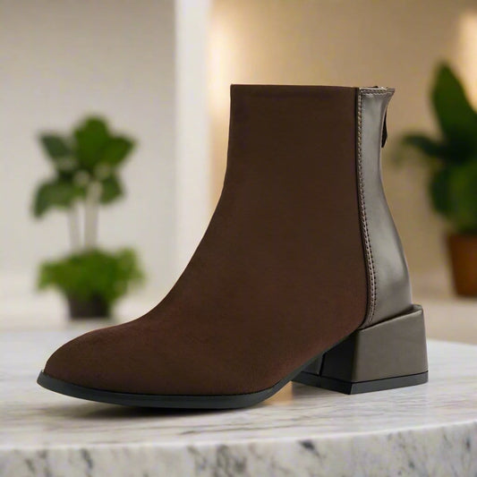 Petite block heel boots in brown suede