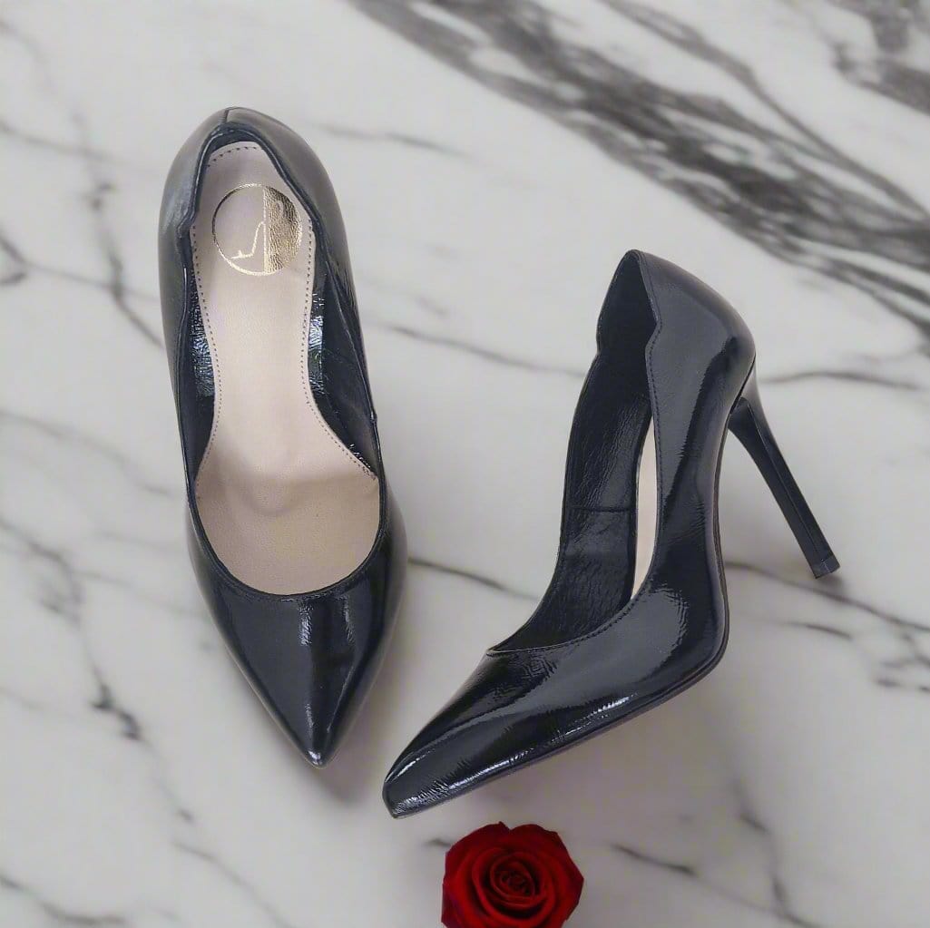 Pointed toe petite court shoes in black patent