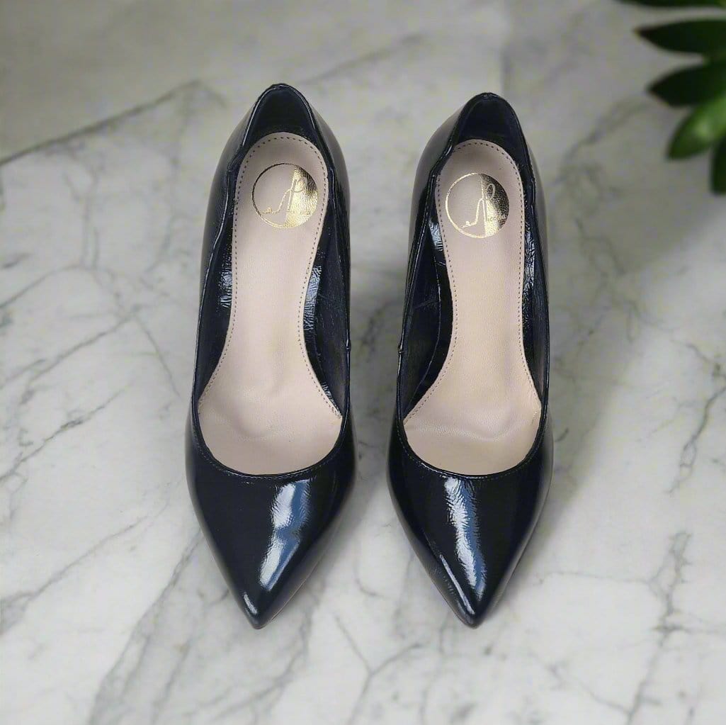 Pointed toe black patent court heels