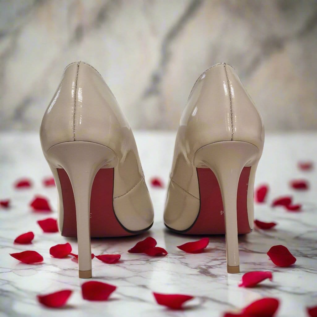 Red sole beige patent high heels