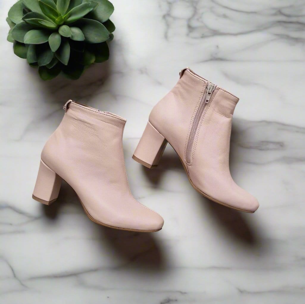 Block heel petite ankle boots in nude leather