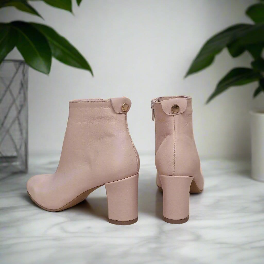 Block heel round toe ankle boots in nude leather 