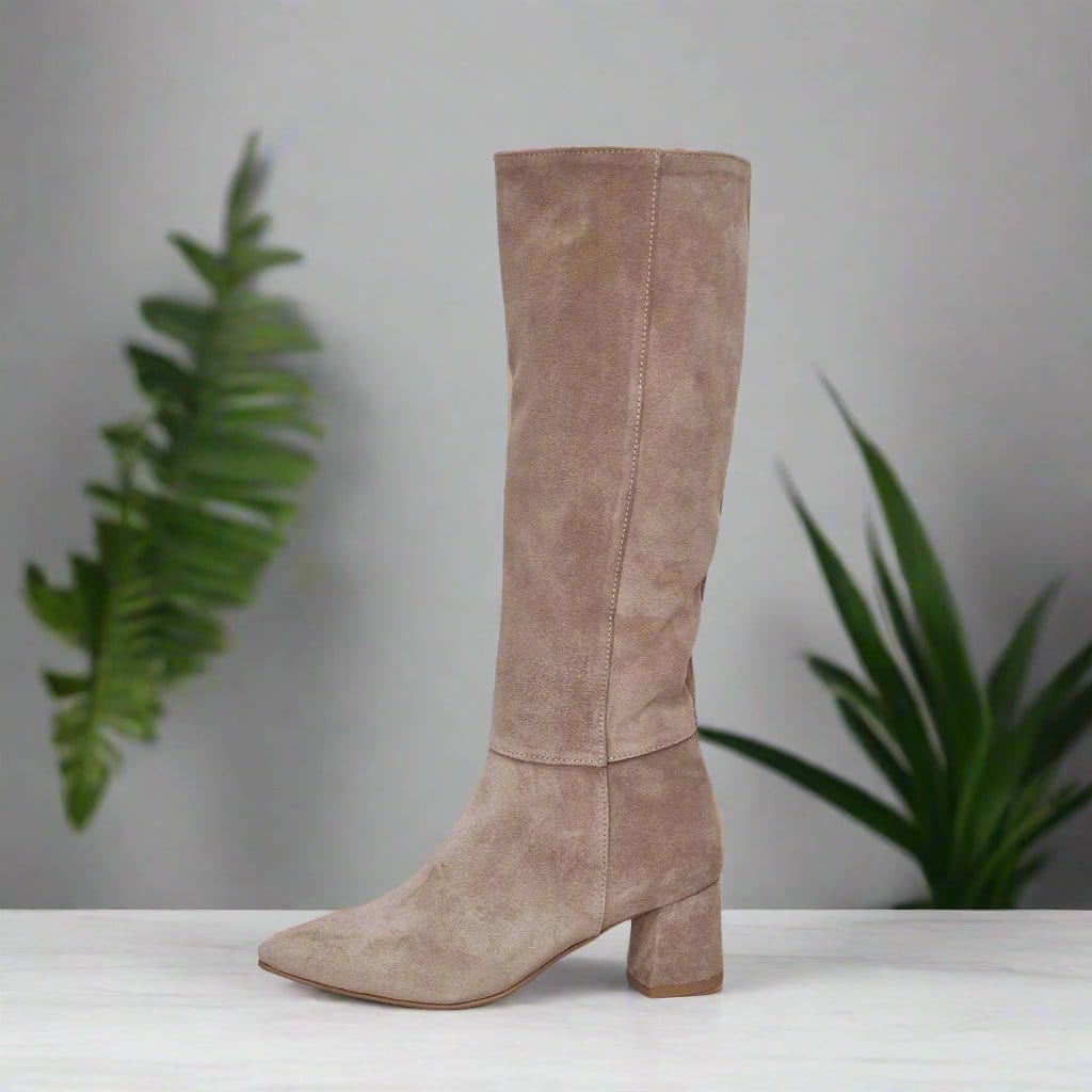 Beige suede knee high boots