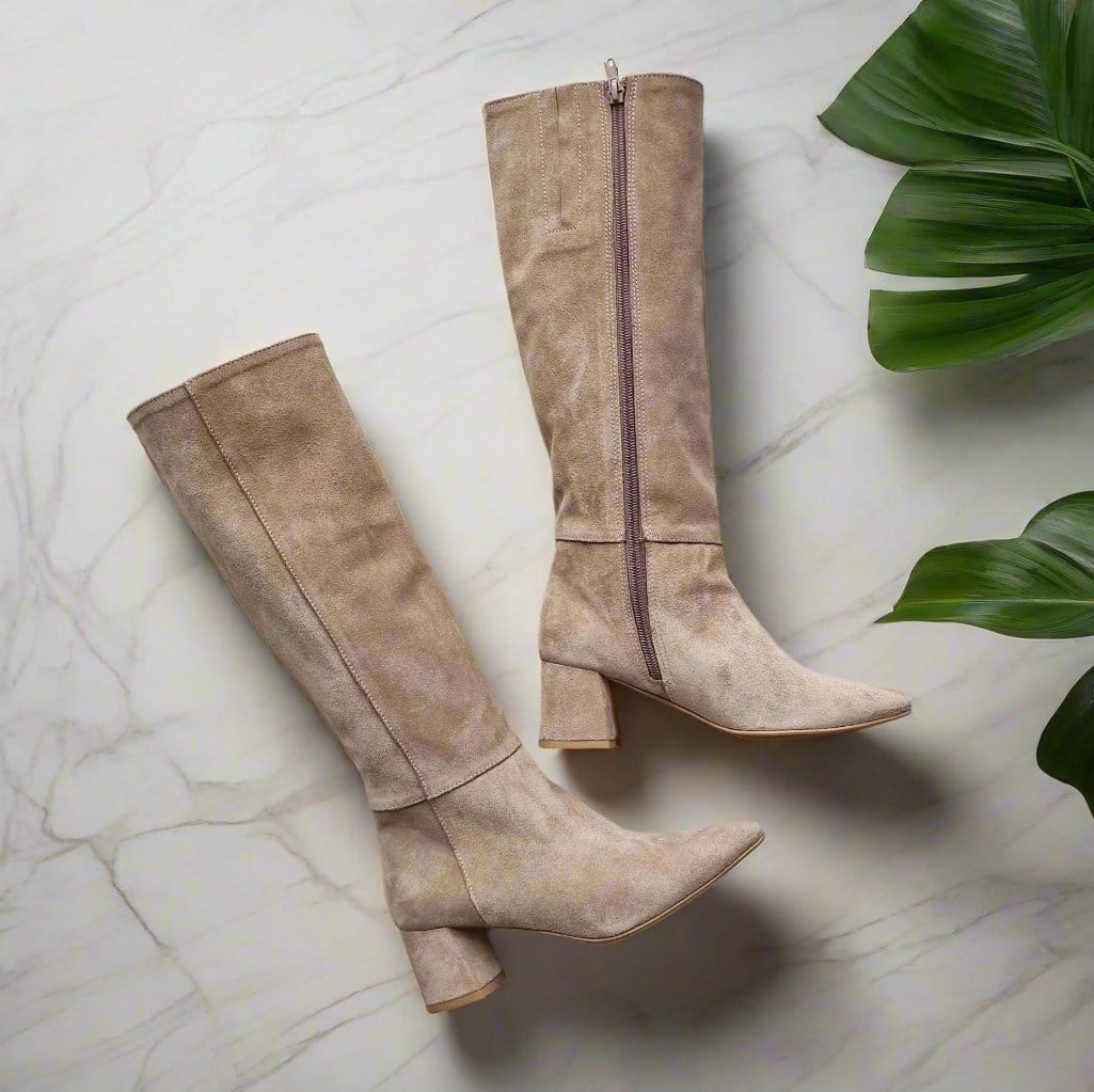 Knee high womens boots in tan suede leather