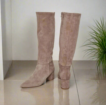 Knee high boots in tan suede with a pointy toe 