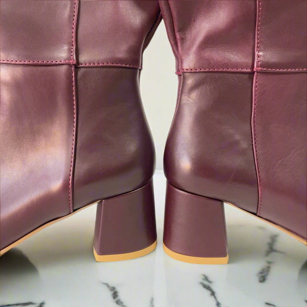 Block heel knee high boots in burgundy