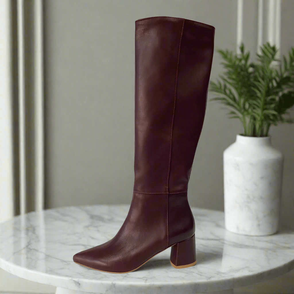 Petite size burgundy red knee high boots