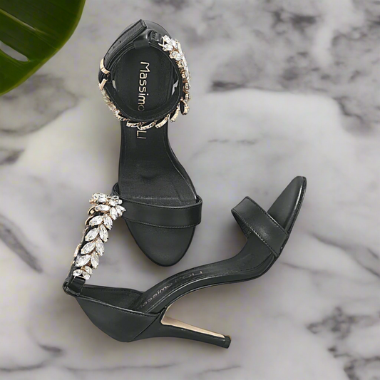 Black leather heels with diamanté ankle strap 