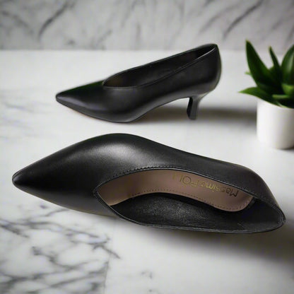 Geometric heel petite court shoes in black suede