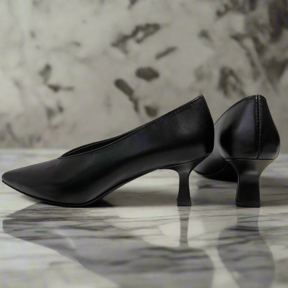 Geometric heel petite court shoes in black suede