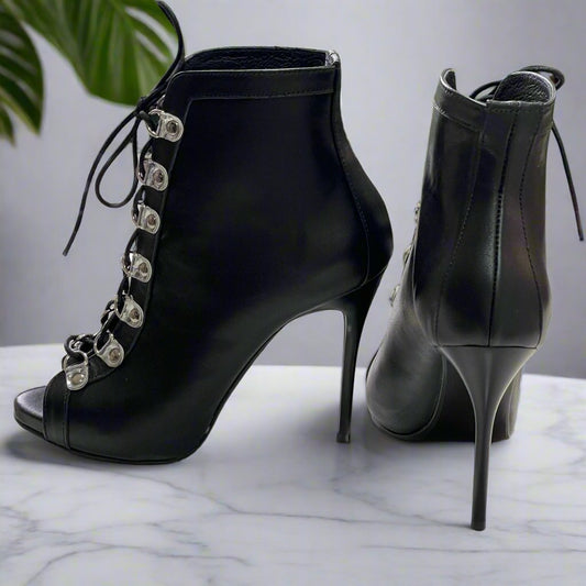 Lace up open toe ankle boots in black leather